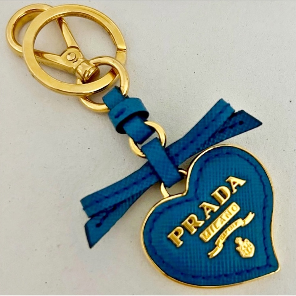 Prada Blue Saffiano Leather Heart-Shaped Logo Bag Charm/Keyring